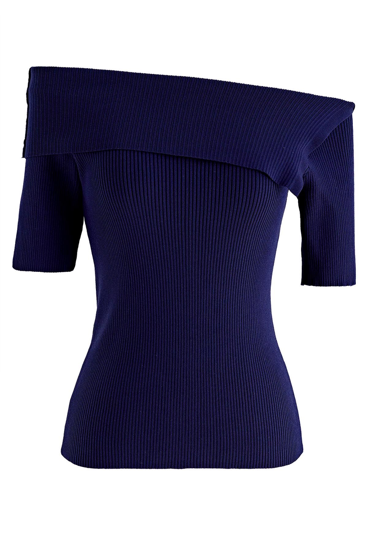 Folded Off-Shoulder Short-Sleeve Knit Top in Navy