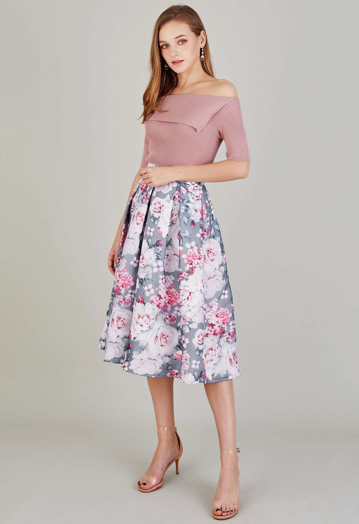 Pink Rose Organza Pleated Midi Skirt