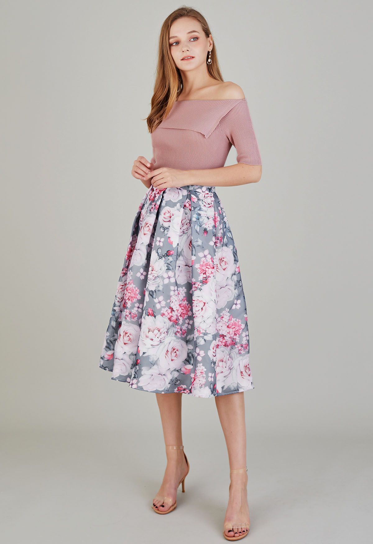 Pink Rose Organza Pleated Midi Skirt