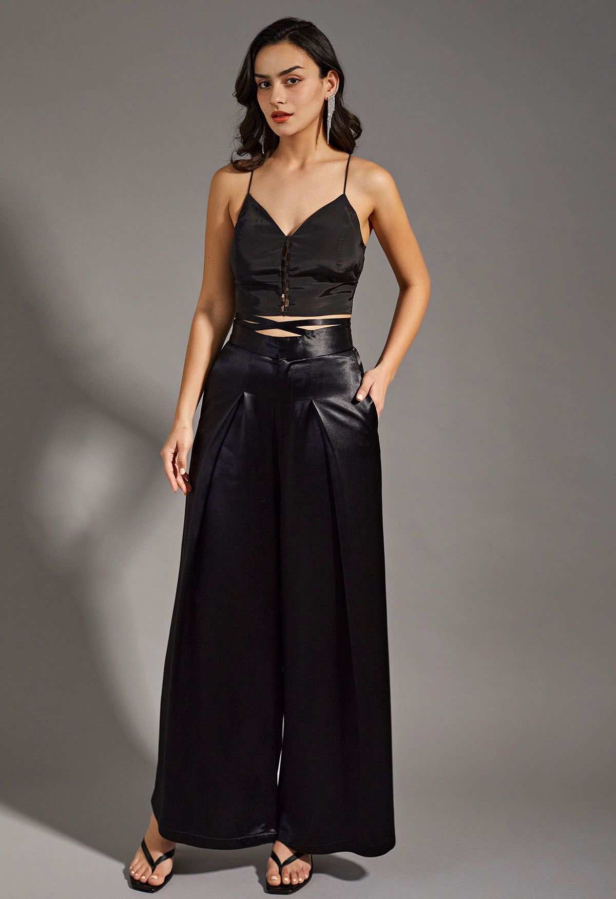 Glossy Crisscross Waist Wide Leg Pants in Black