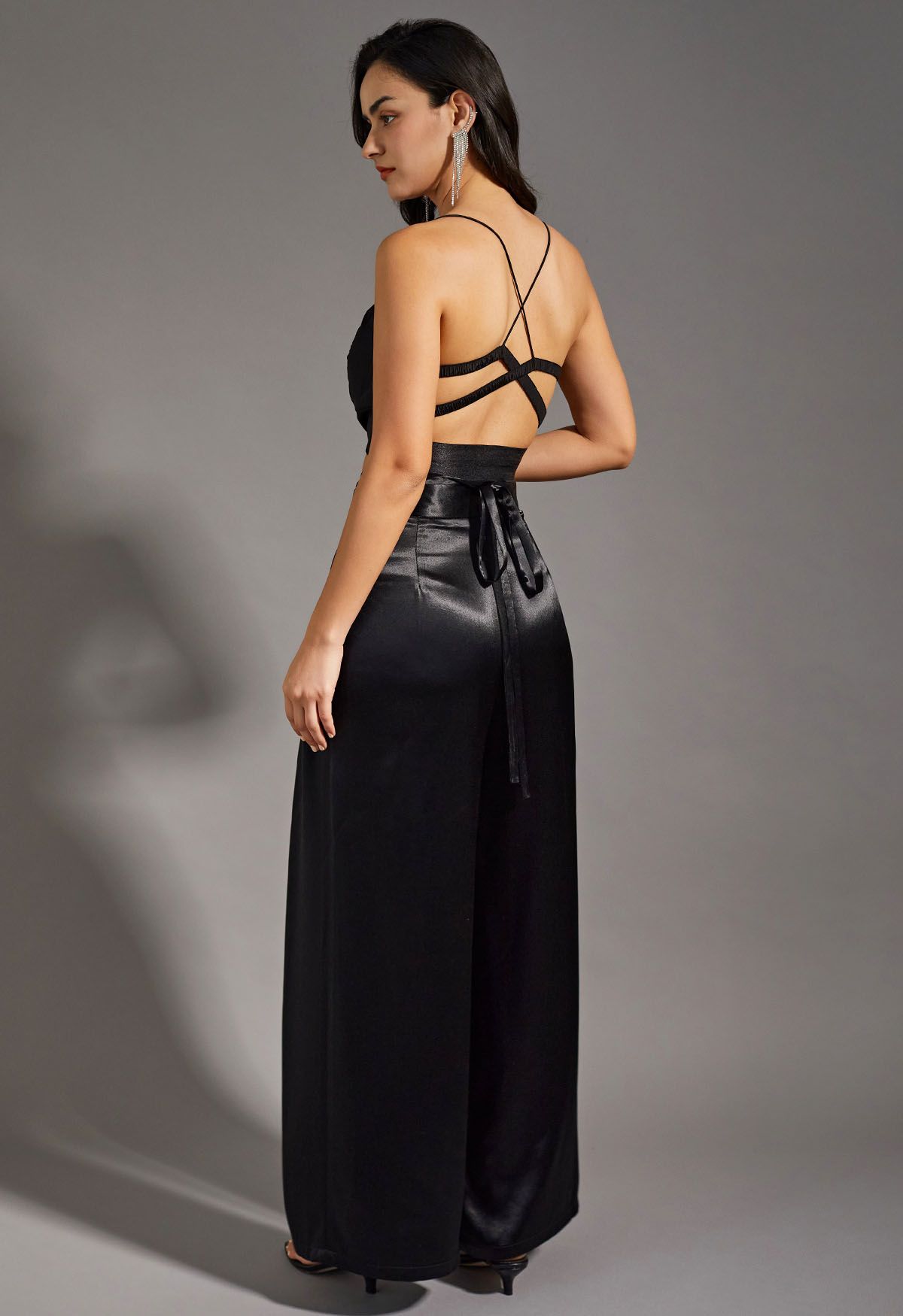 Glossy Crisscross Waist Wide Leg Pants in Black