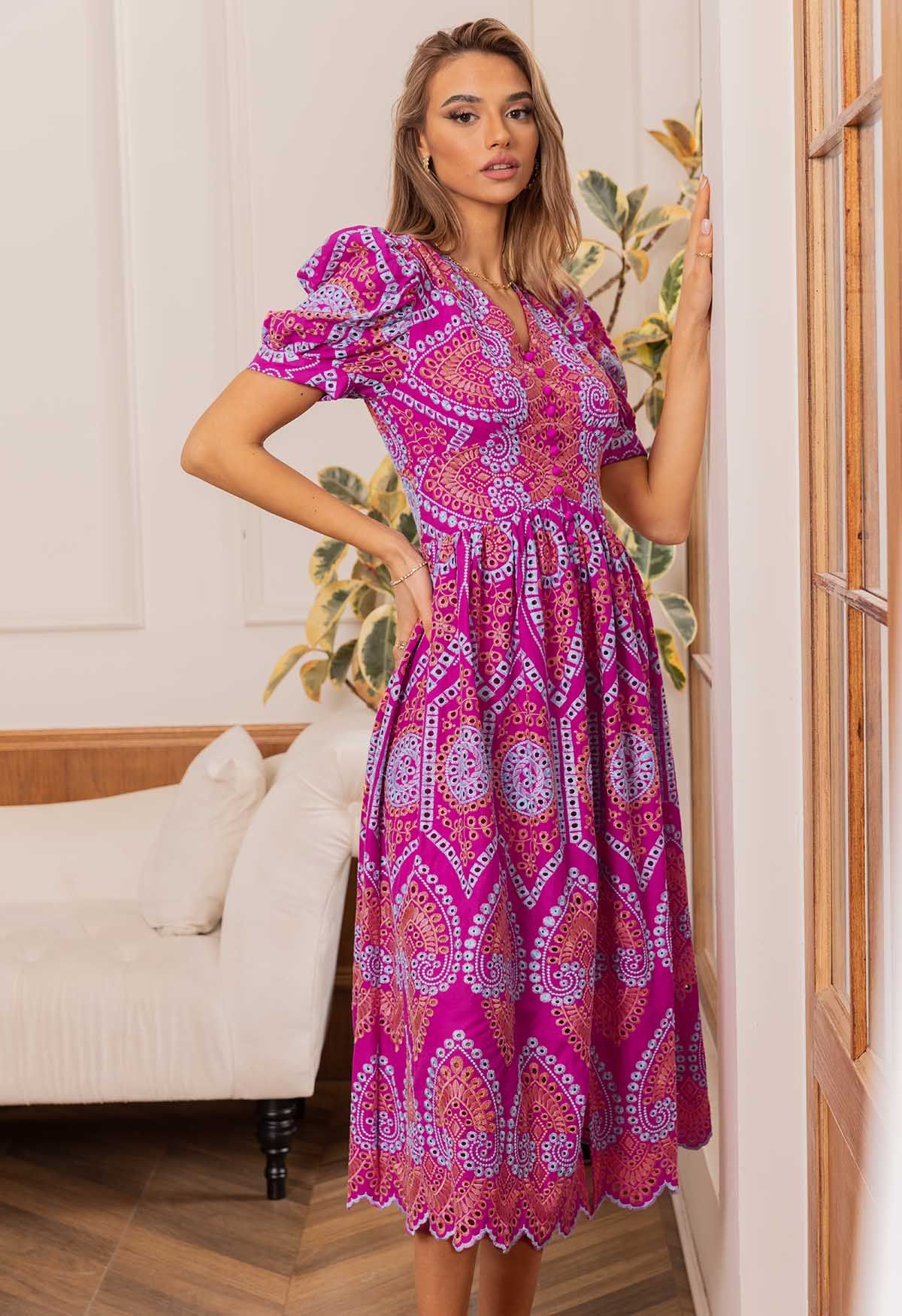 Exotic Garden Cutwork Embroidery Midi Dress