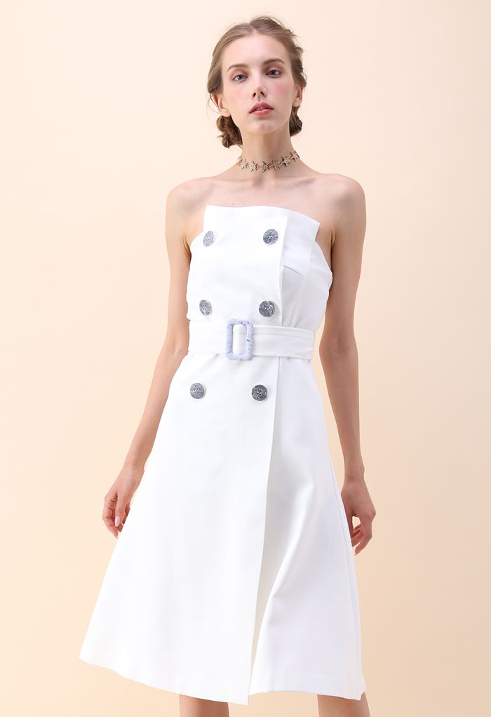 Charming Connection Double Breasted Strapless Dress in White