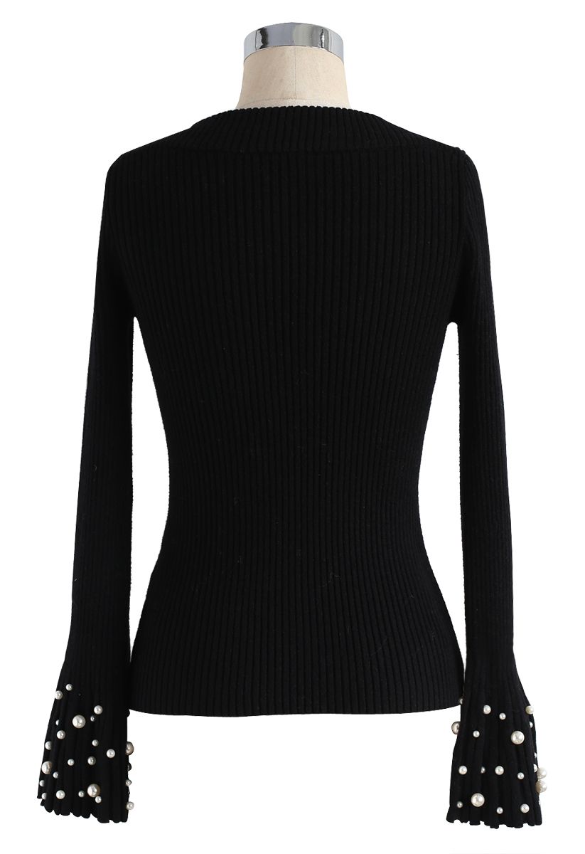 Oh My Pearls Ribbed Bell Sleeves Sweater in Black