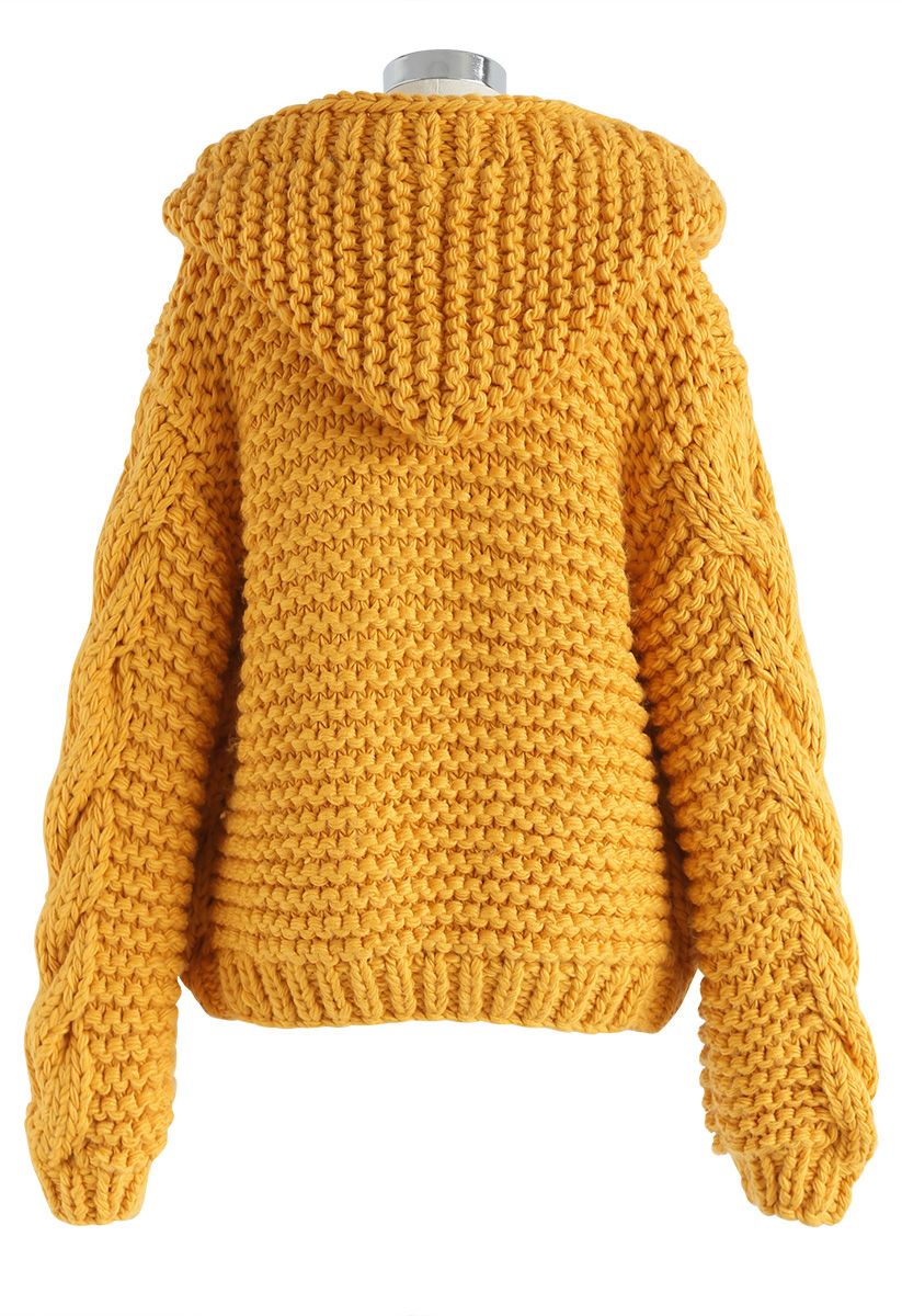 All-Over Warmth Hooded Chunky Cardigan in Mustard