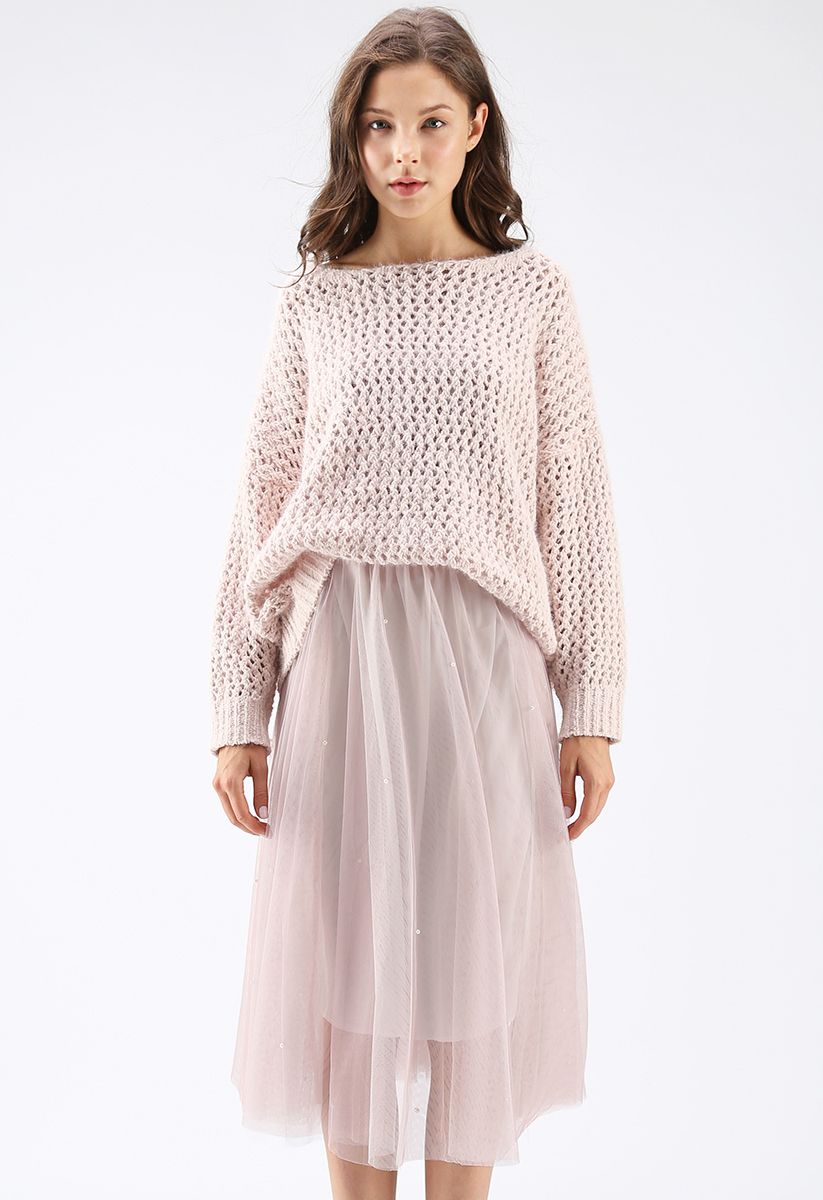 Scattered Pearls Gradient Mesh Tulle Skirt in Pink