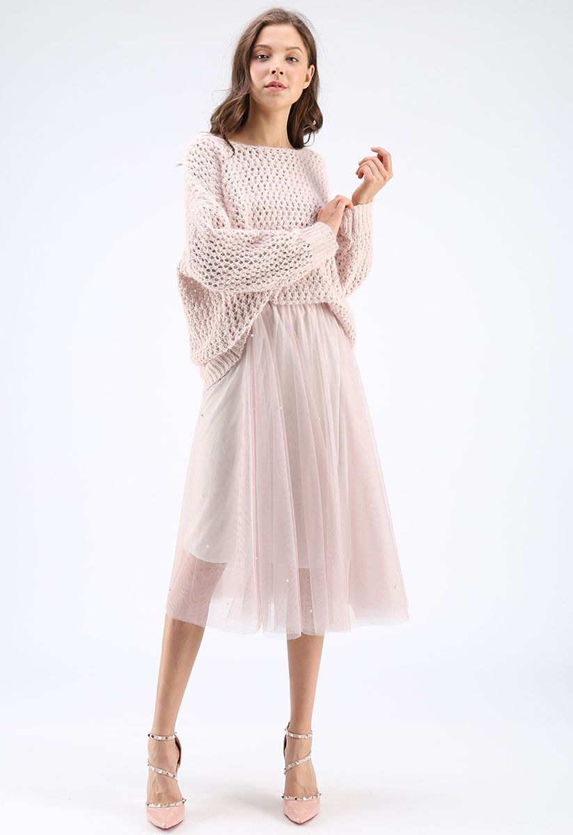 Scattered Pearls Gradient Mesh Tulle Skirt in Pink