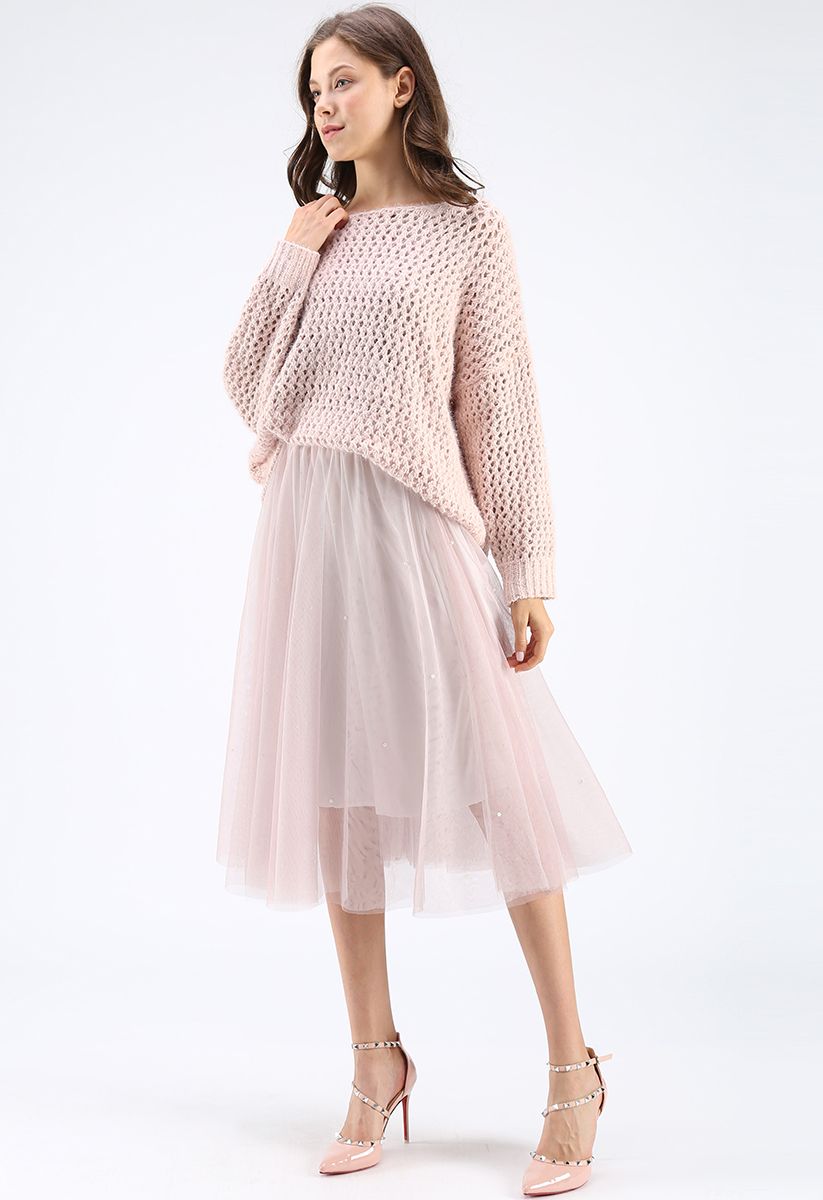 Scattered Pearls Gradient Mesh Tulle Skirt in Pink