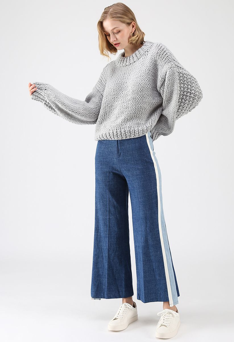 Chunky Chunky Puff Sleeves Cropped Sweater in Grey