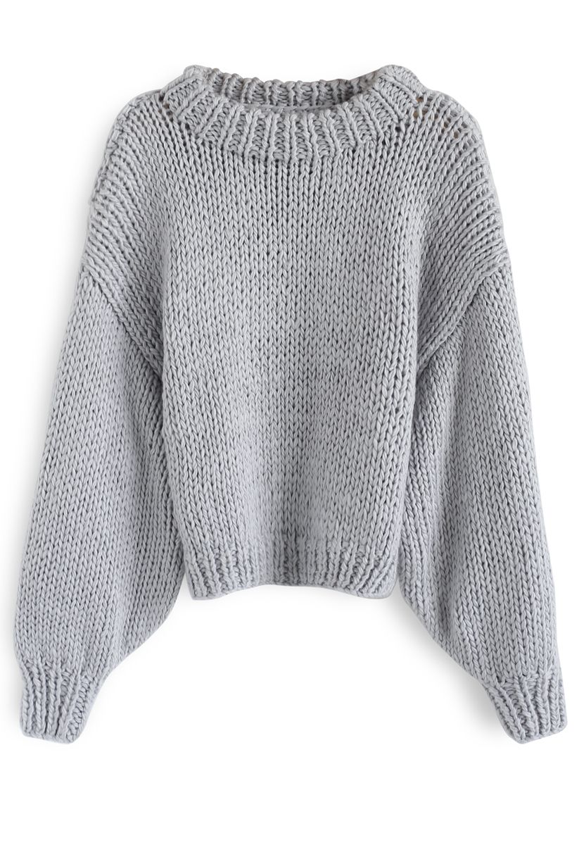 Chunky Chunky Puff Sleeves Cropped Sweater in Grey