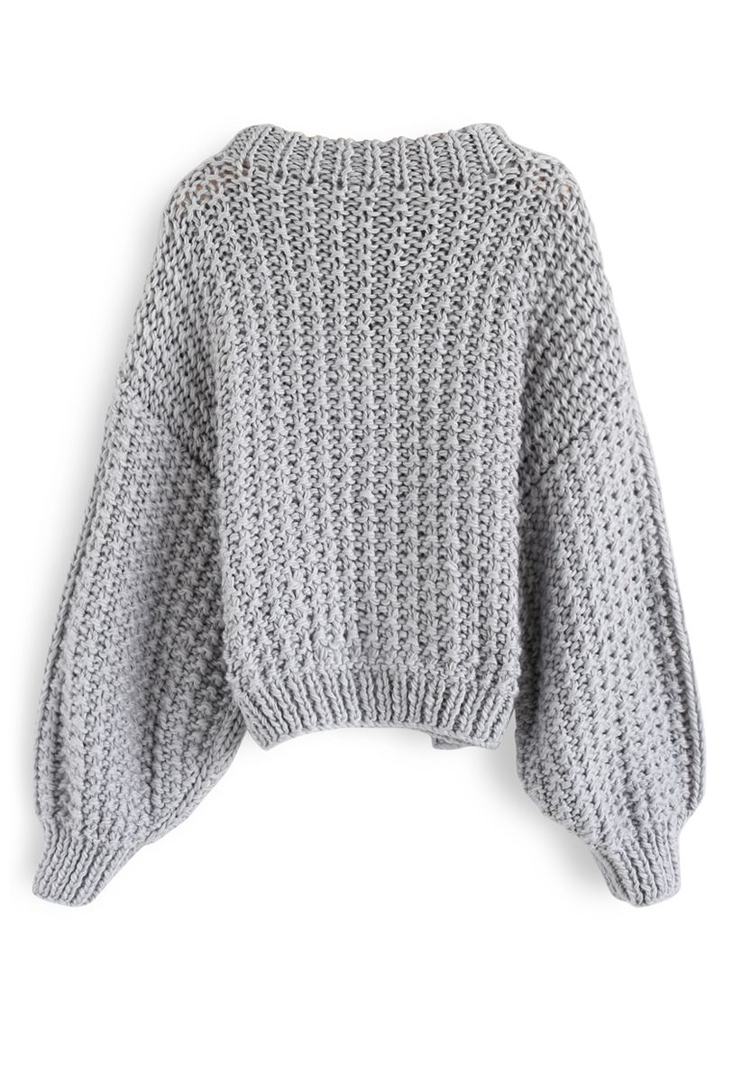 Chunky Chunky Puff Sleeves Cropped Sweater in Grey