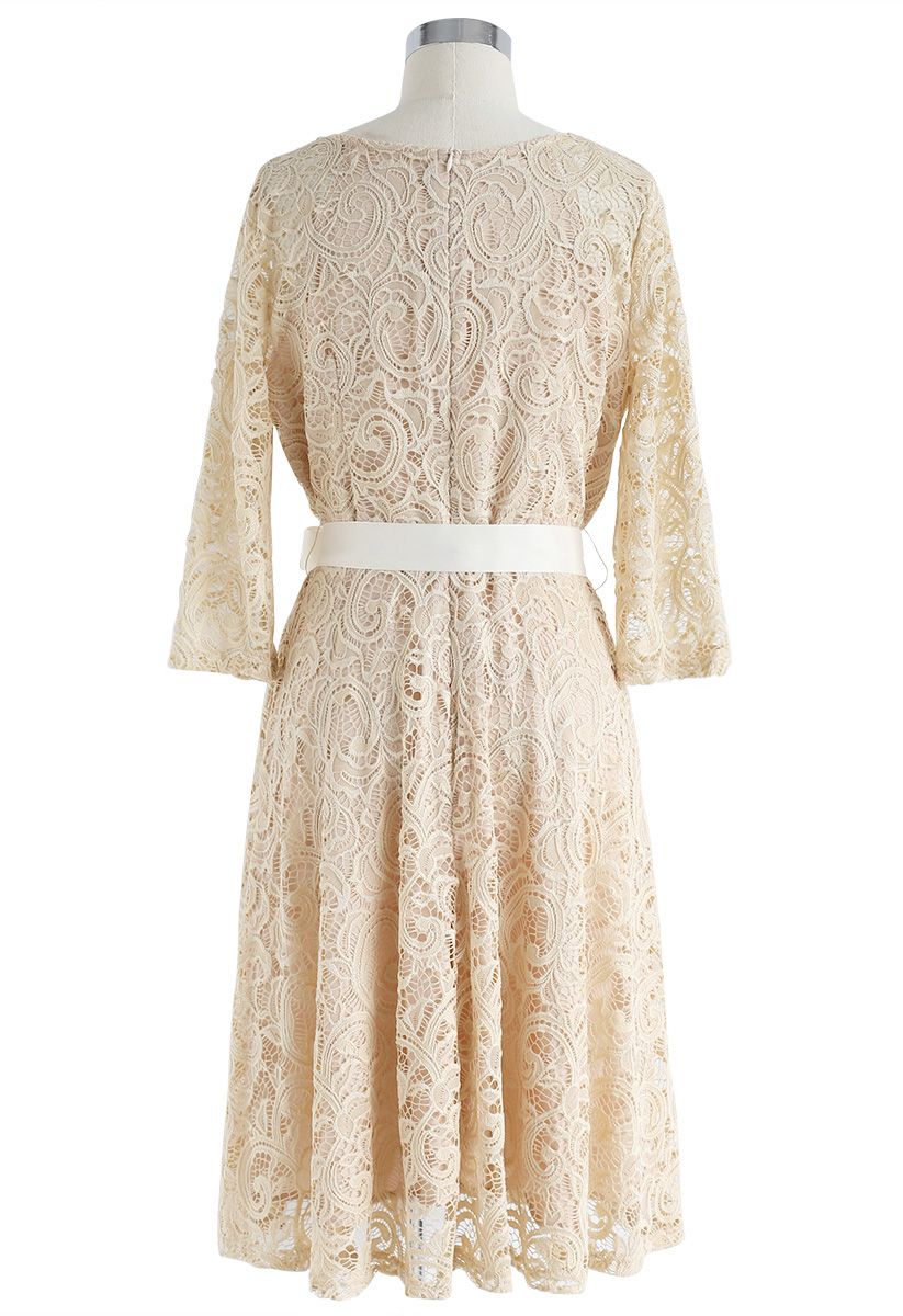 Reminisce Autumn V-Neck Lace Dress in Apricot