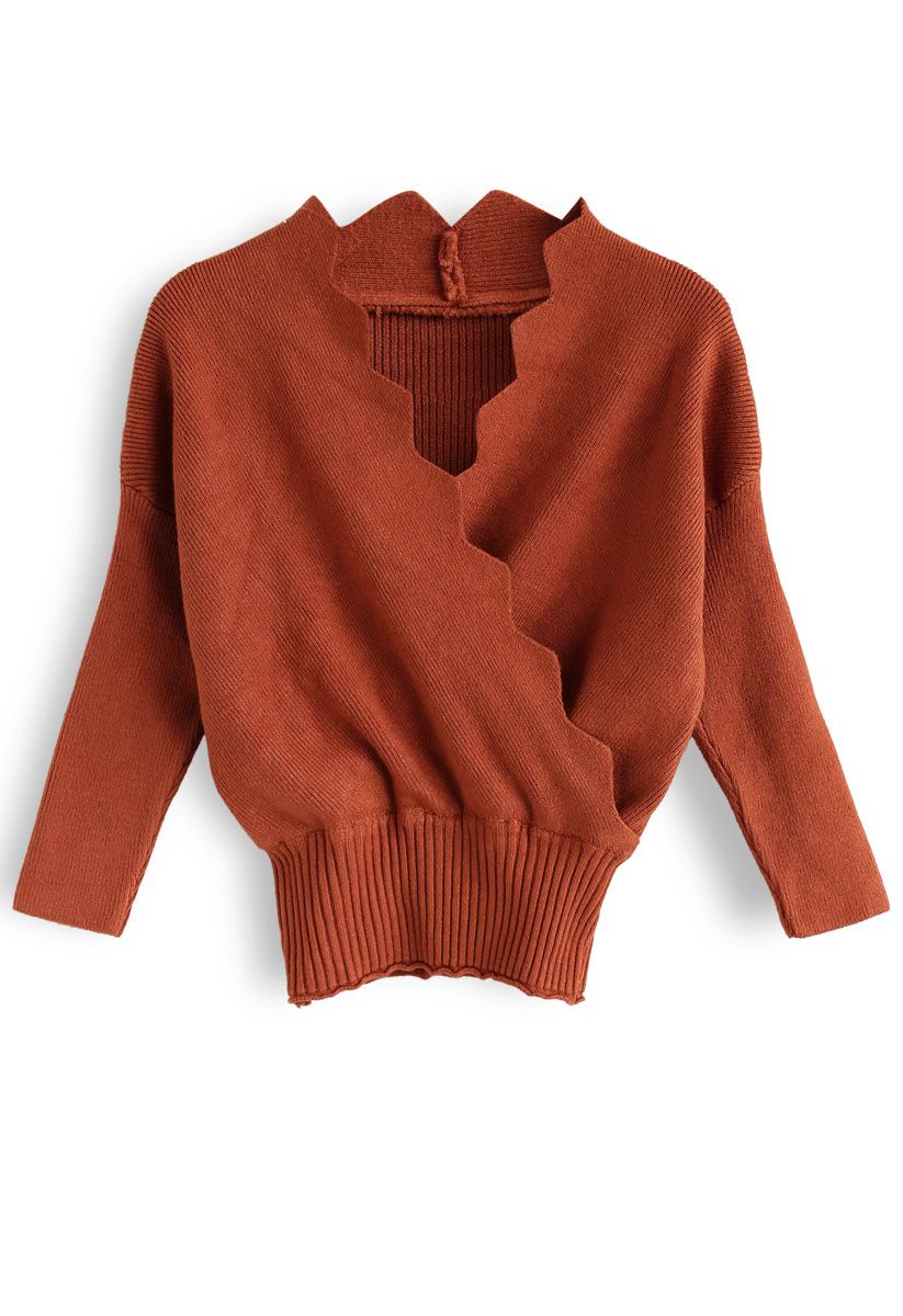 Cafe Time Wavy Wrap Knit Top in Caramel