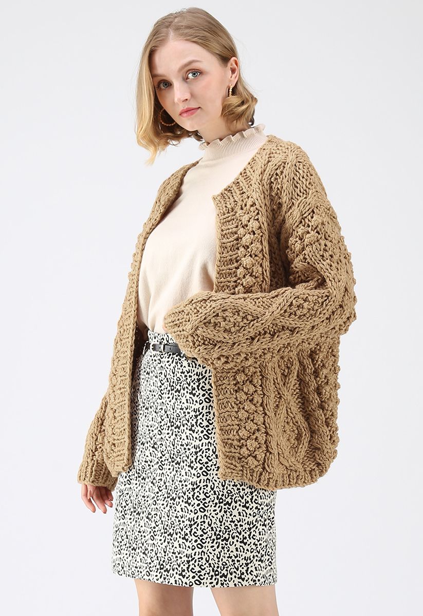 Wintry Morning Cable Knit Cardigan in Caramel