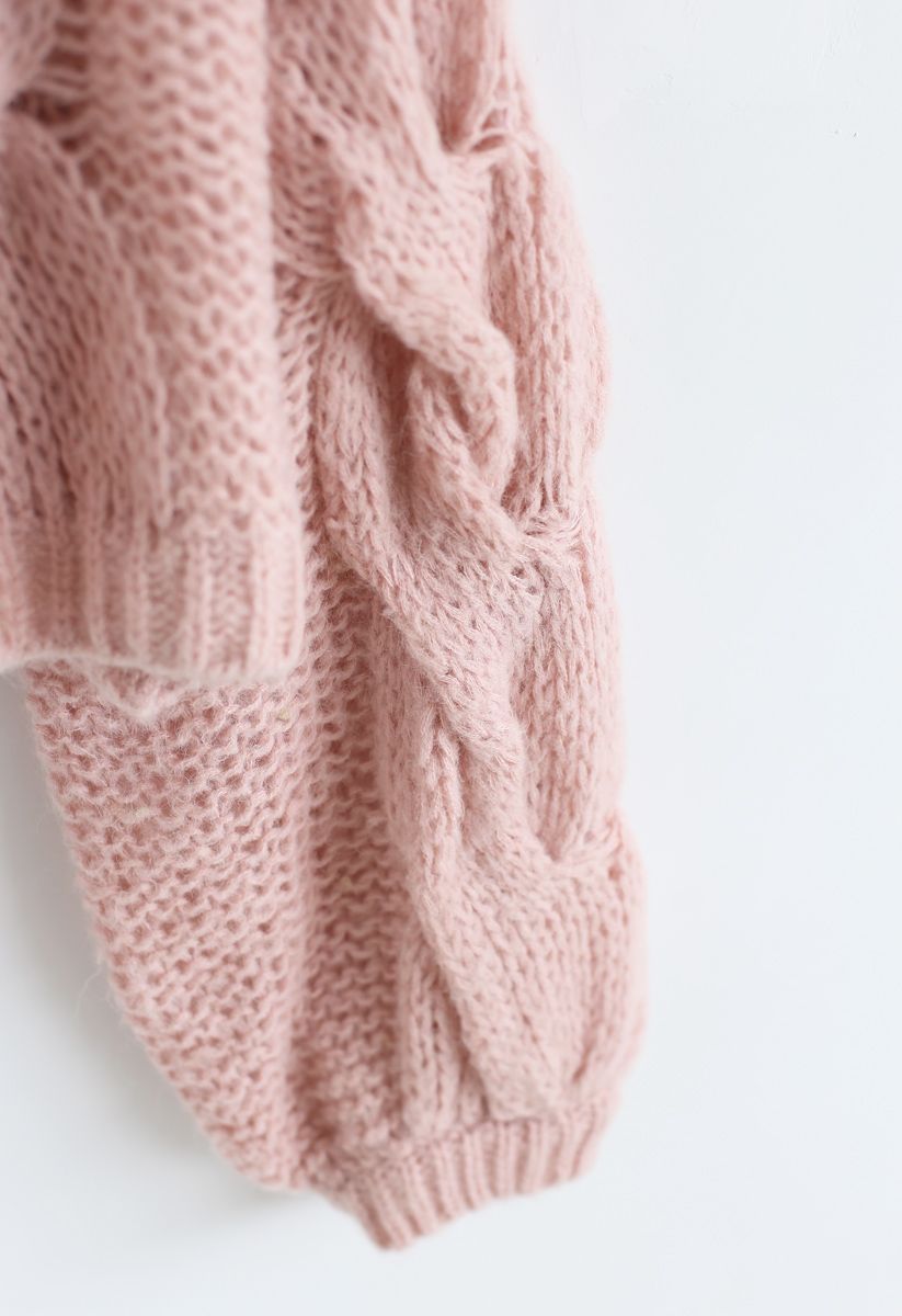 手工編織泡泡袖毛衣--粉色