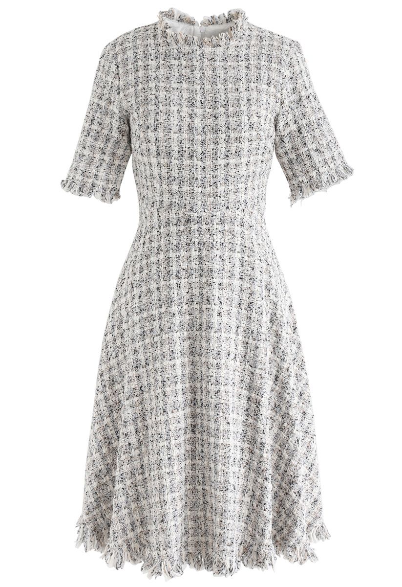 Raw Edges Textured Tweed Midi Dress