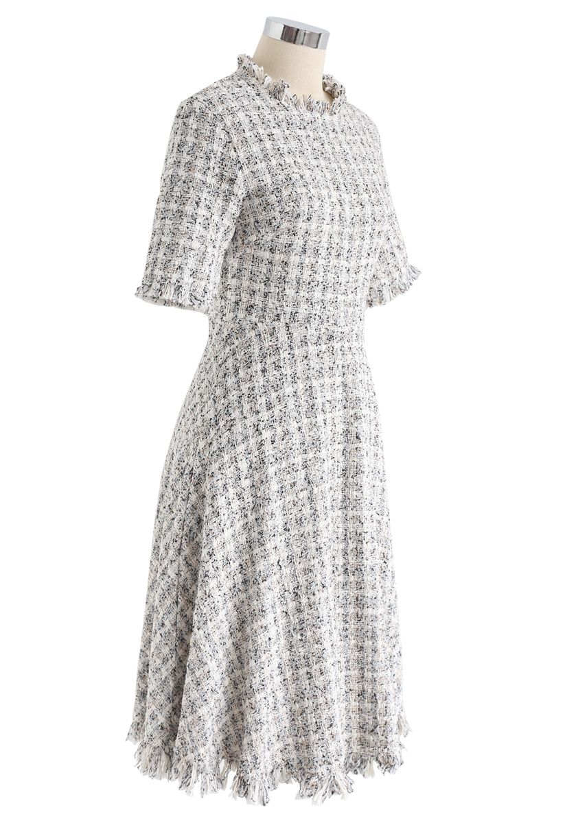 Raw Edges Textured Tweed Midi Dress