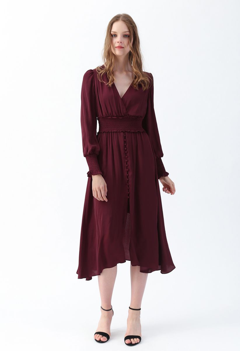 Satin Button Down Wrap Midi Dress in Wine