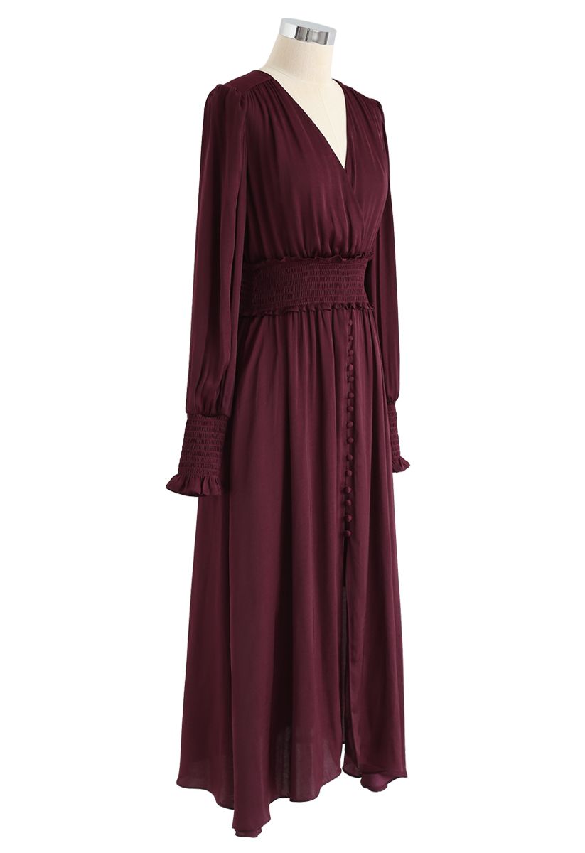 Satin Button Down Wrap Midi Dress in Wine