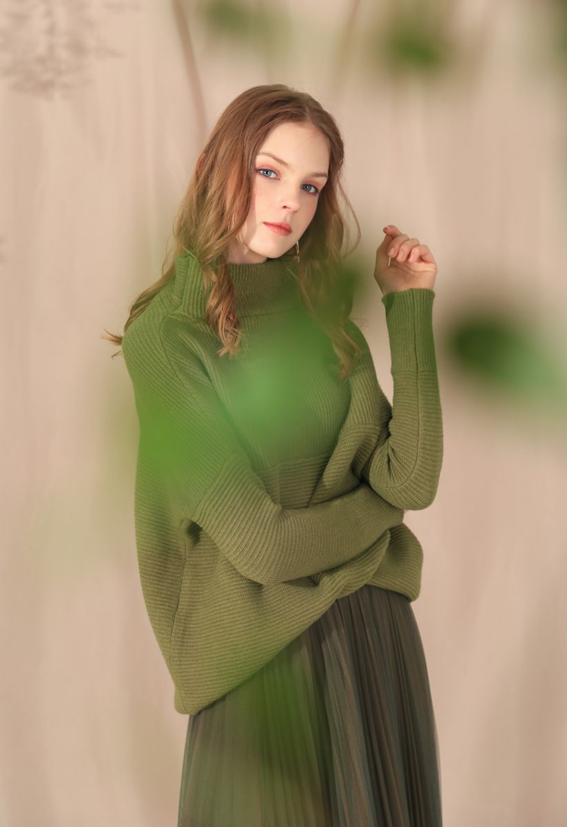 Cozy Ribbed Turtleneck Sweater in Army Green