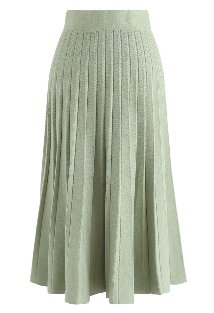 A-Line Pleated Knit Midi Skirt in Pea Green