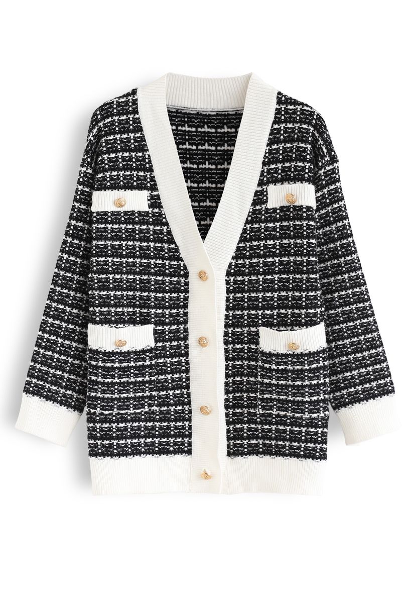 Pockets Button Trim Knit Cardigan in Black