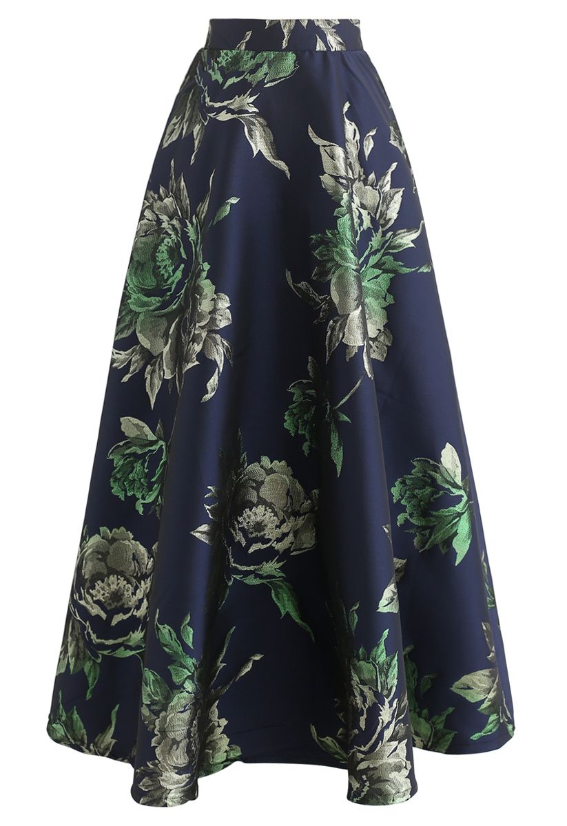 Glittery Peony Jacquard Maxi Skirt in Navy