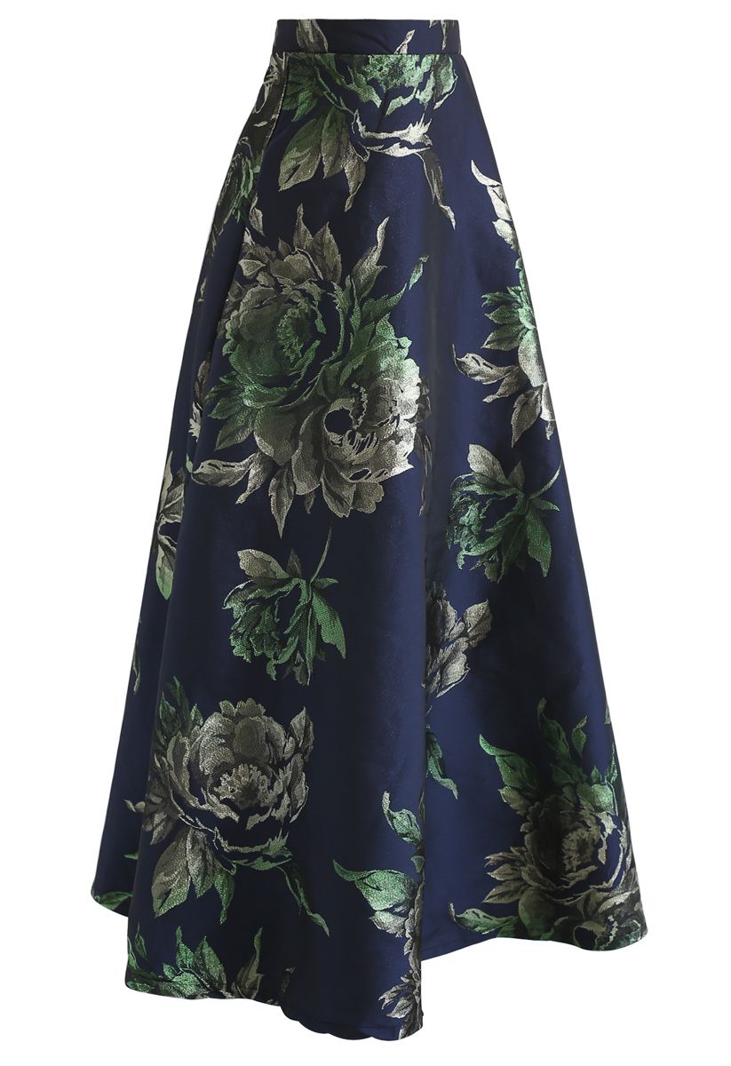 Glittery Peony Jacquard Maxi Skirt in Navy