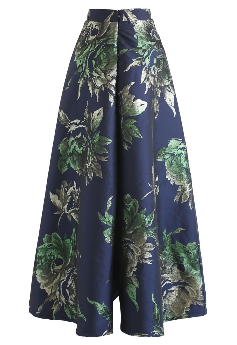 Glittery Peony Jacquard Maxi Skirt in Navy