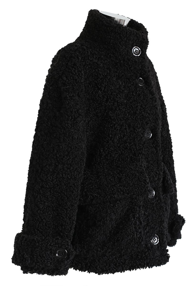 Buttoned Pocket Teddy Coat in Black