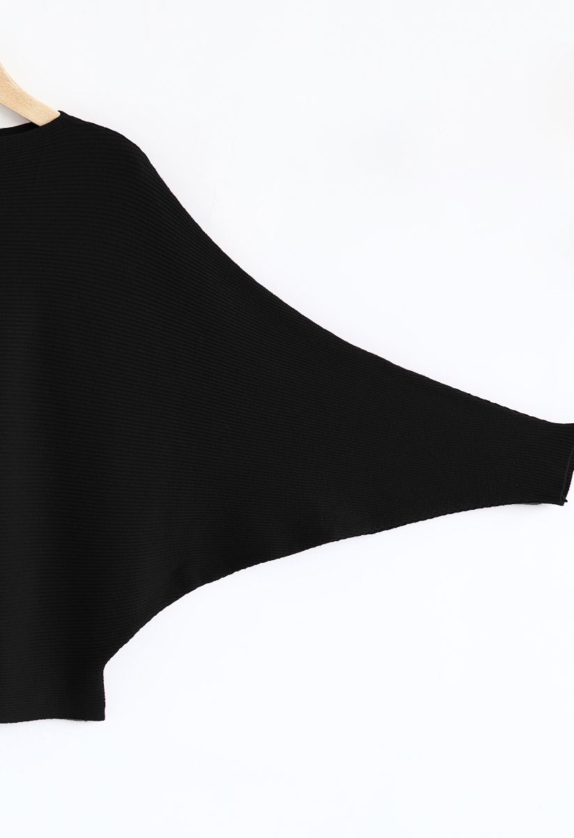 Boat Neck Batwing Sleeves Knit Top in Black