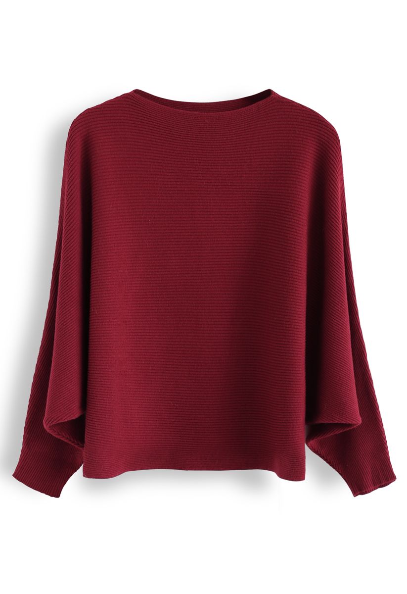 Boat Neck Batwing Sleeves Knit Top in Red