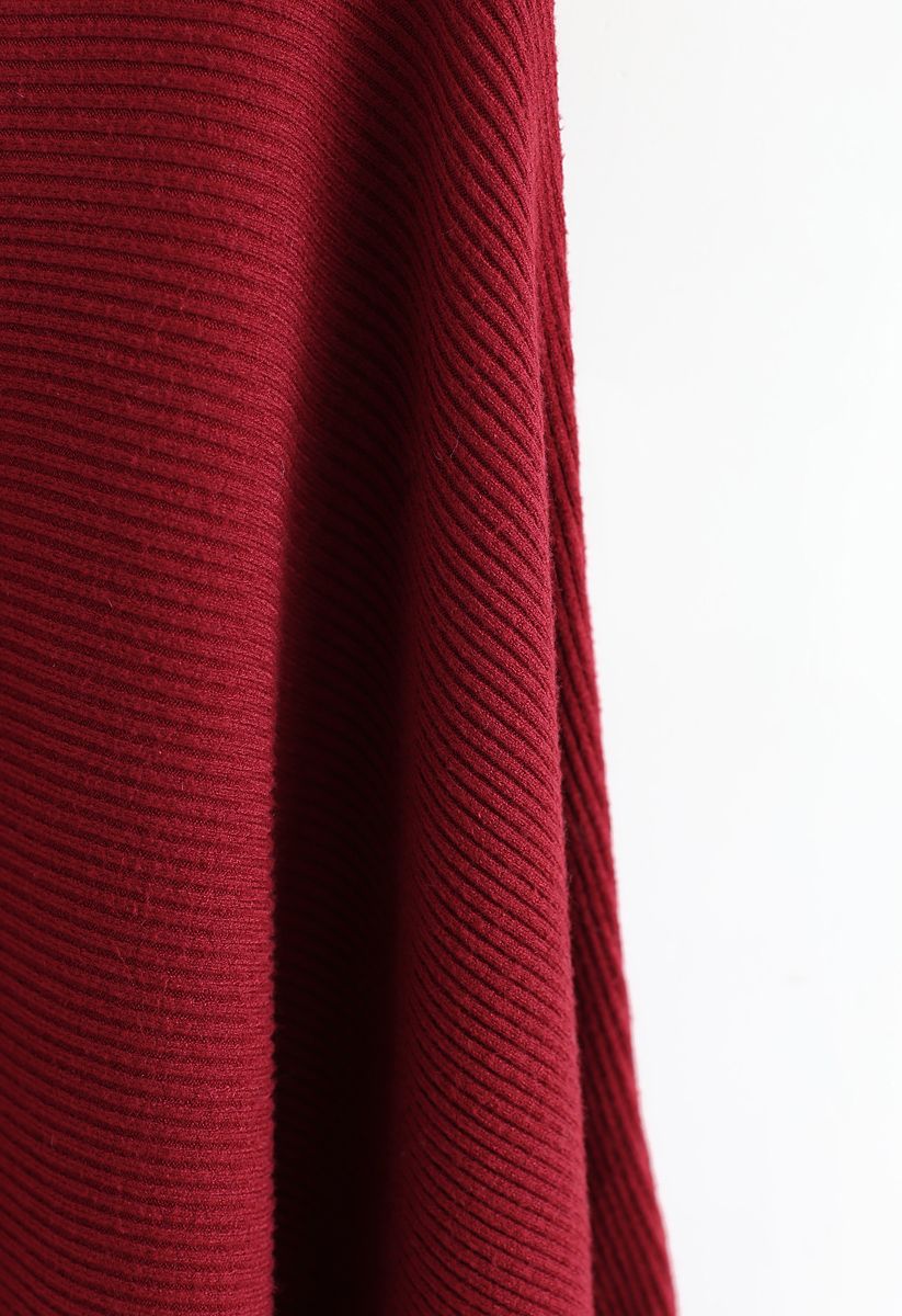 Boat Neck Batwing Sleeves Knit Top in Red