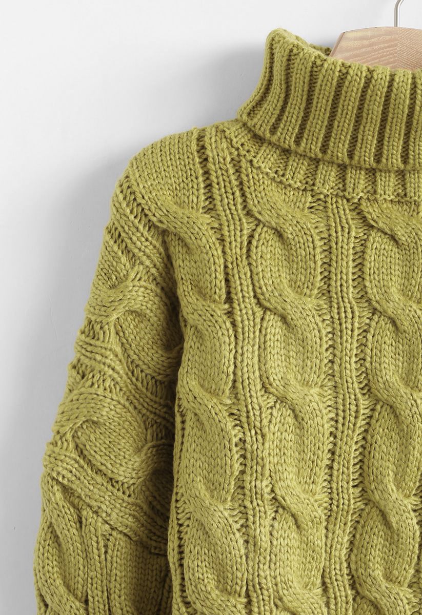 Turtleneck Braid Knit Crop Sweater in Moss Green