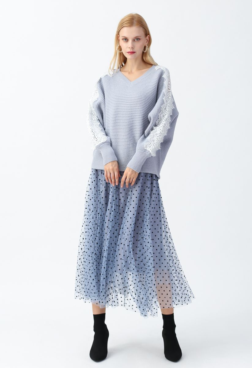 Full Polka Dots Double-Layered Mesh Tulle Skirt in Baby Blue