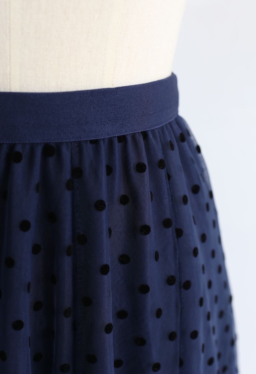 Full Polka Dots Double-Layered Mesh Tulle Skirt in Navy