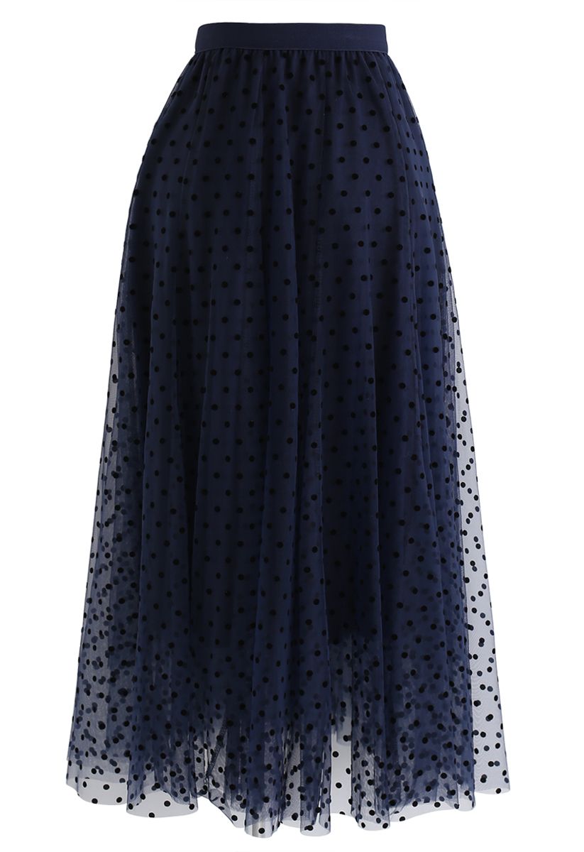 Full Polka Dots Double-Layered Mesh Tulle Skirt in Navy