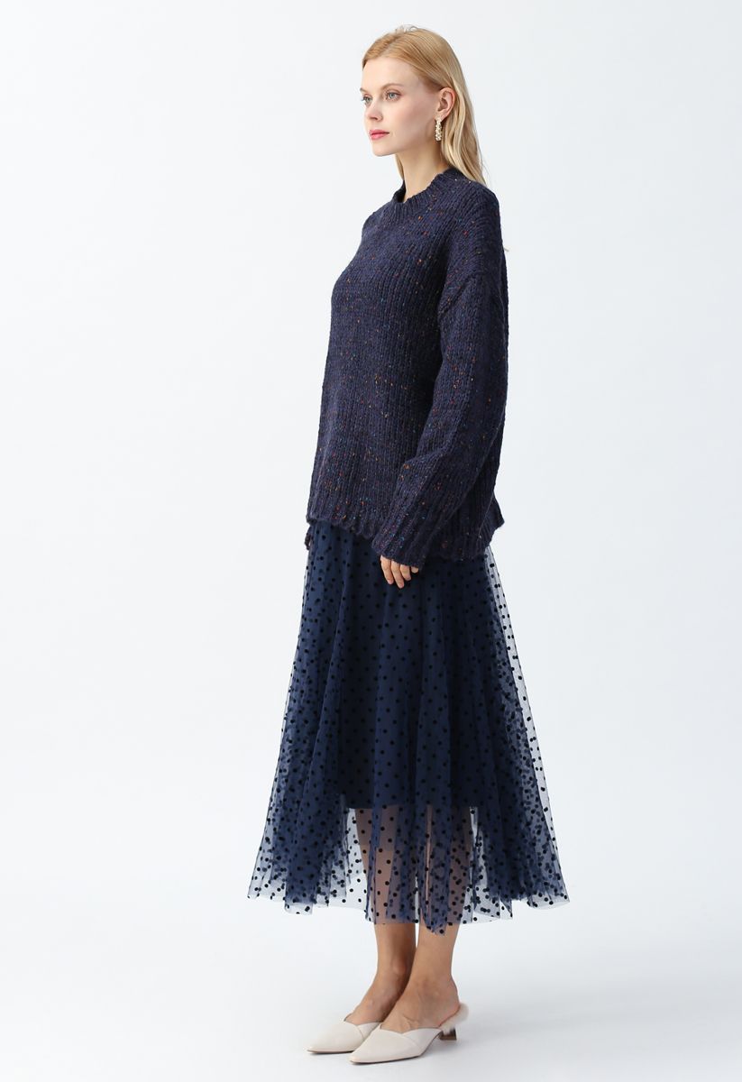 Full Polka Dots Double-Layered Mesh Tulle Skirt in Navy