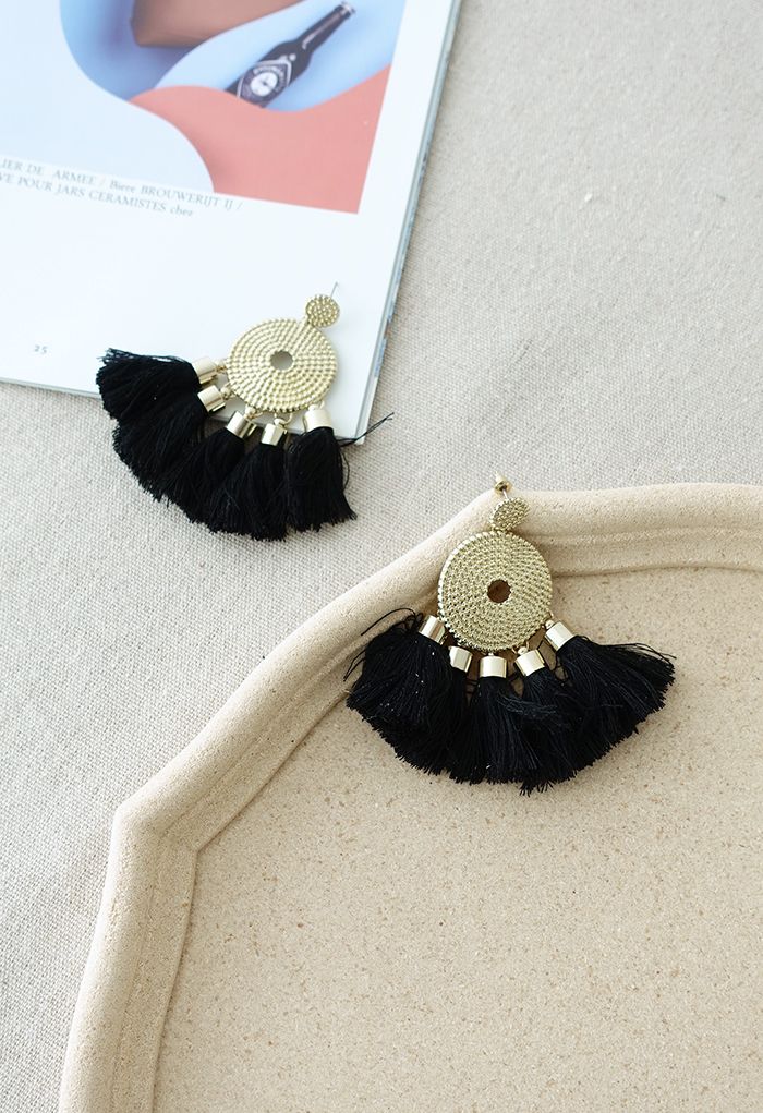 Gold Circle Boho Tassel Earrings