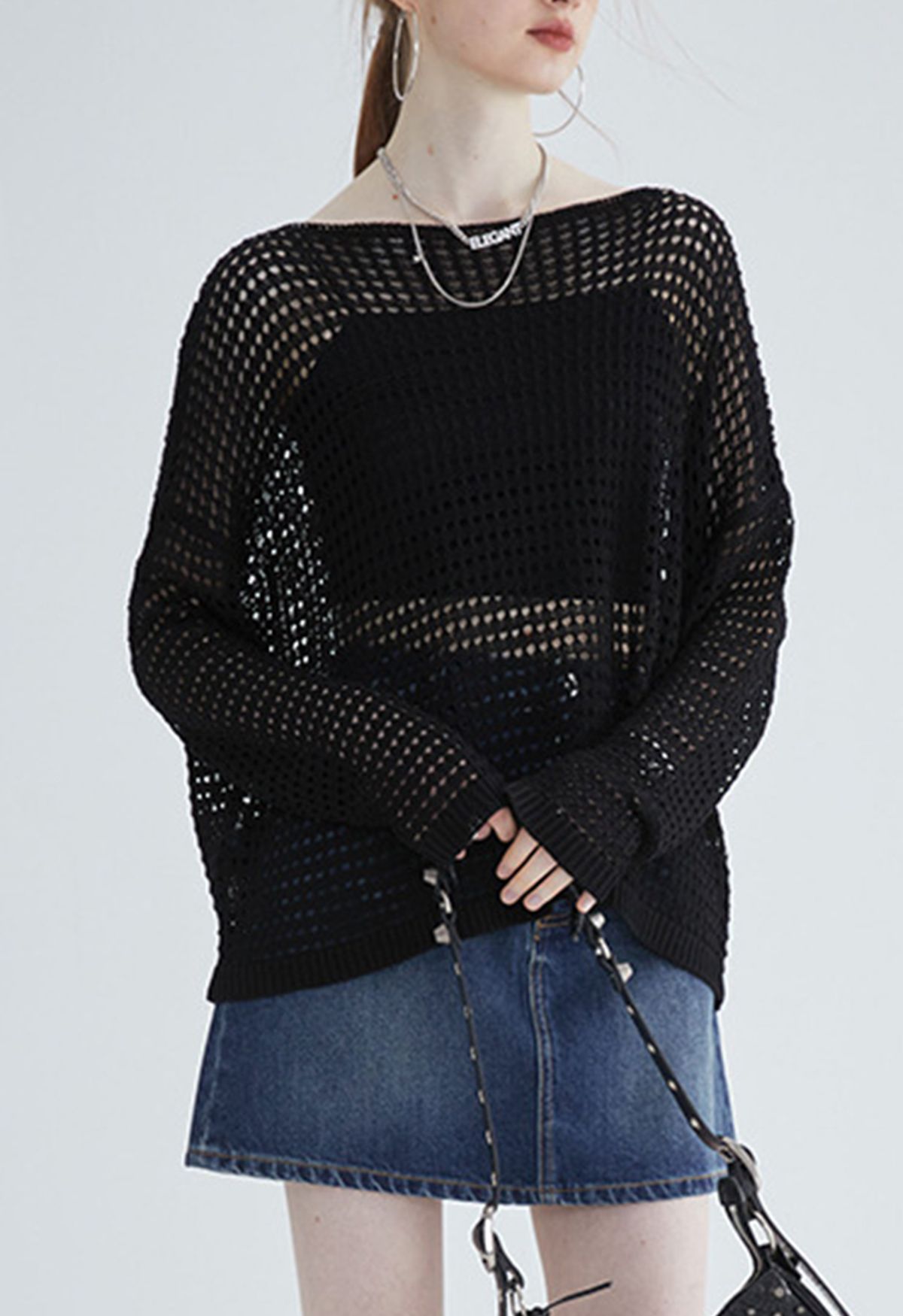 Hollow Out Boat Neck Smock Top in Black
