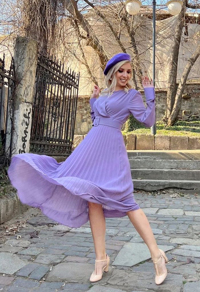 Flowy Chiffon Wrap Pleated Maxi Dress in Lilac