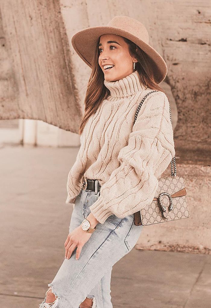 Turtleneck Braid Knit Crop Sweater in Sand