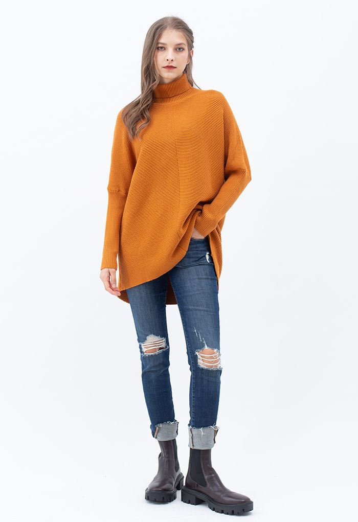 Effortless Chic Turtleneck Batwing Sleeve Hi-Lo Sweater in Caramel