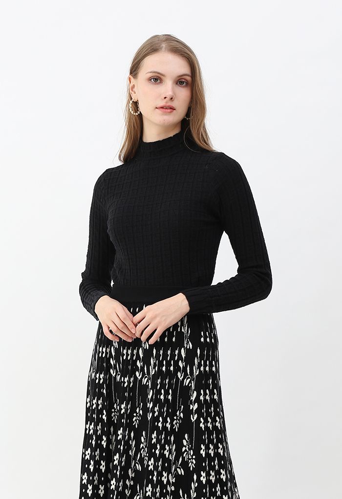 Maze Embossed High Neck Fitted Knit Top in Black