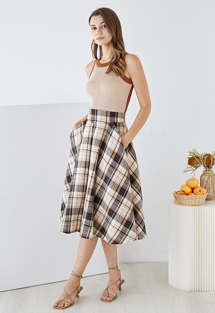 Plaid Tweed High-Waist A-Line Midi Skirt