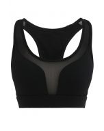 I-Shaped Back Pocket Mesh-Insert Low-Impact Sports Bra in Black