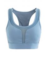 I-Shaped Back Pocket Mesh-Insert Low-Impact Sports Bra in Blue