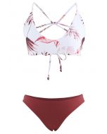 Leaf Print Open Back Bikini Set in Burgundy