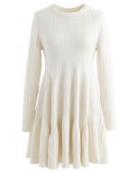 Frilling Hem Round Neck Knit Dress in Cream