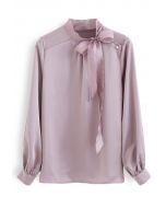 Satin Bowknot Neck Long Sleeves Top in Purple